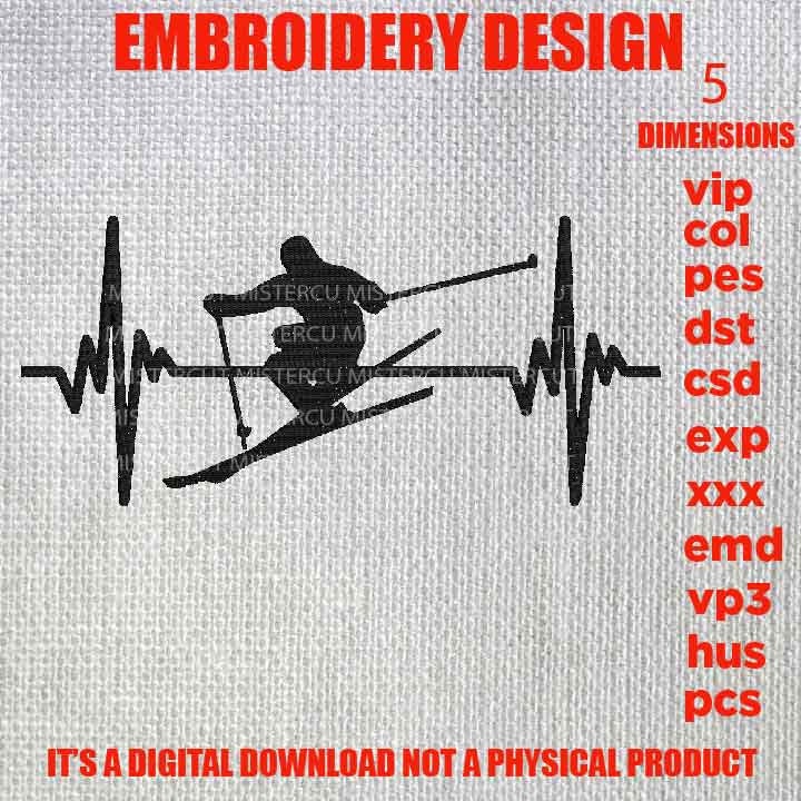 Machine Embroidery, skiing heart beat embroidery files, skier Gift Idea, nature Design landscape, PES, xxx, hus & more, ski outdoor pes