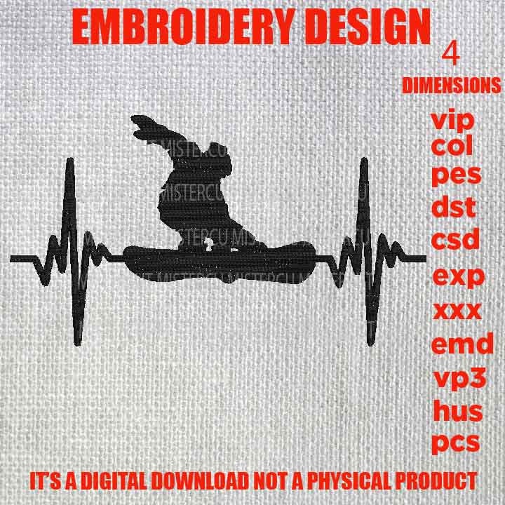 Machine Embroidery, snowboarding heartbeat embroidery files, snowboarder Gift Idea, skier Design, PES, xxx, hus, vip & more, outdoor pes