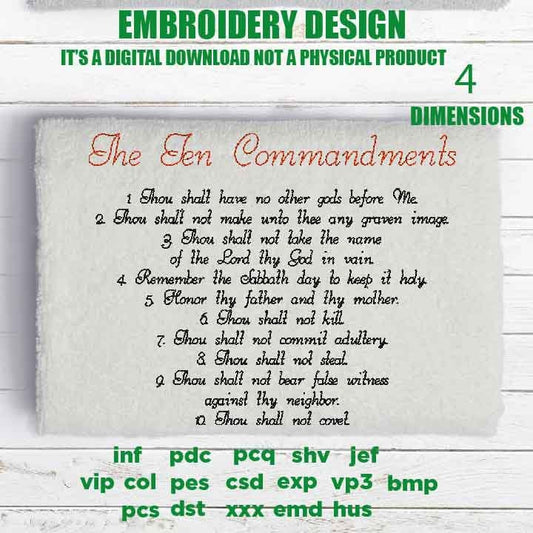 Machine Embroidery, The Ten Commandments, Christian embroidery files, gift idea PES, xxx, hus & more, Holy Bible