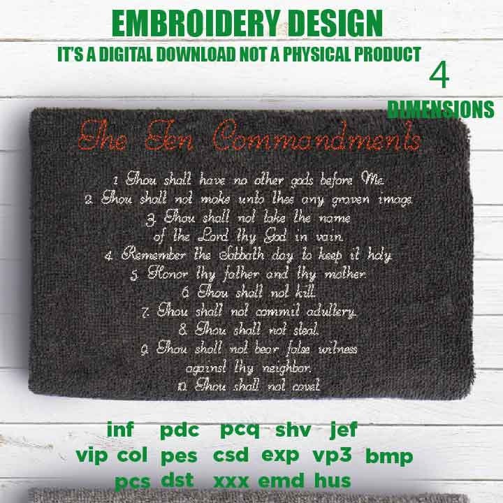 Machine Embroidery, The Ten Commandments, Christian embroidery files, gift idea PES, xxx, hus & more, Holy Bible