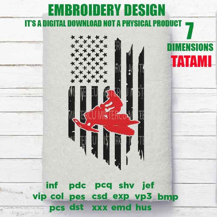 Machine Embroidery, USA flag snowmobile, snowmobile fan, snowbike Distressed gift idea PES, xxx, hus & more, embroidery files, patriotic