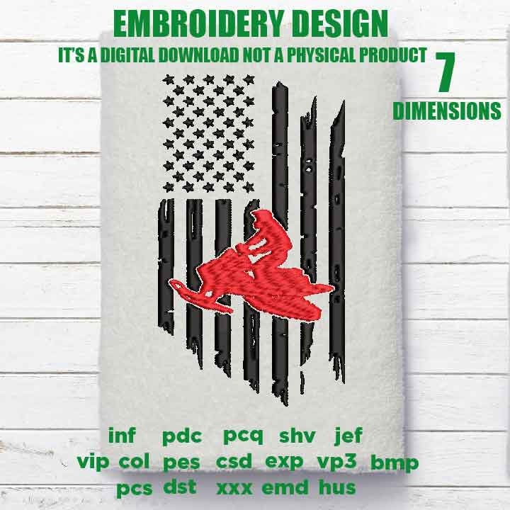 Machine Embroidery, USA flag snowmobile, snowmobile fan, snowbike Distressed gift idea PES, xxx, hus & more, embroidery files, patriotic