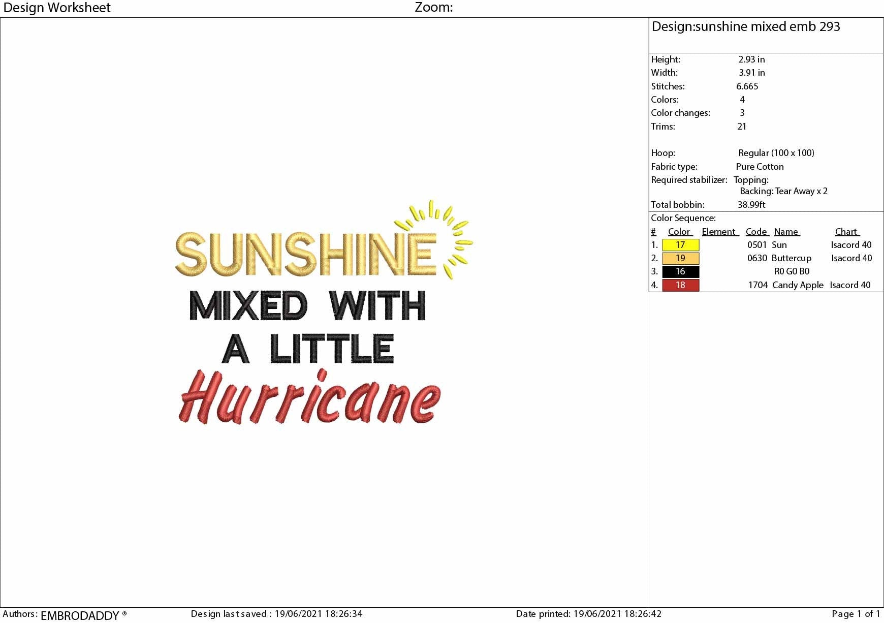 Machine Embroidery, Sunshine Mixed With a Little Hurricane embroidery design, funny summer lover gift idea PES, xxx, hus & more