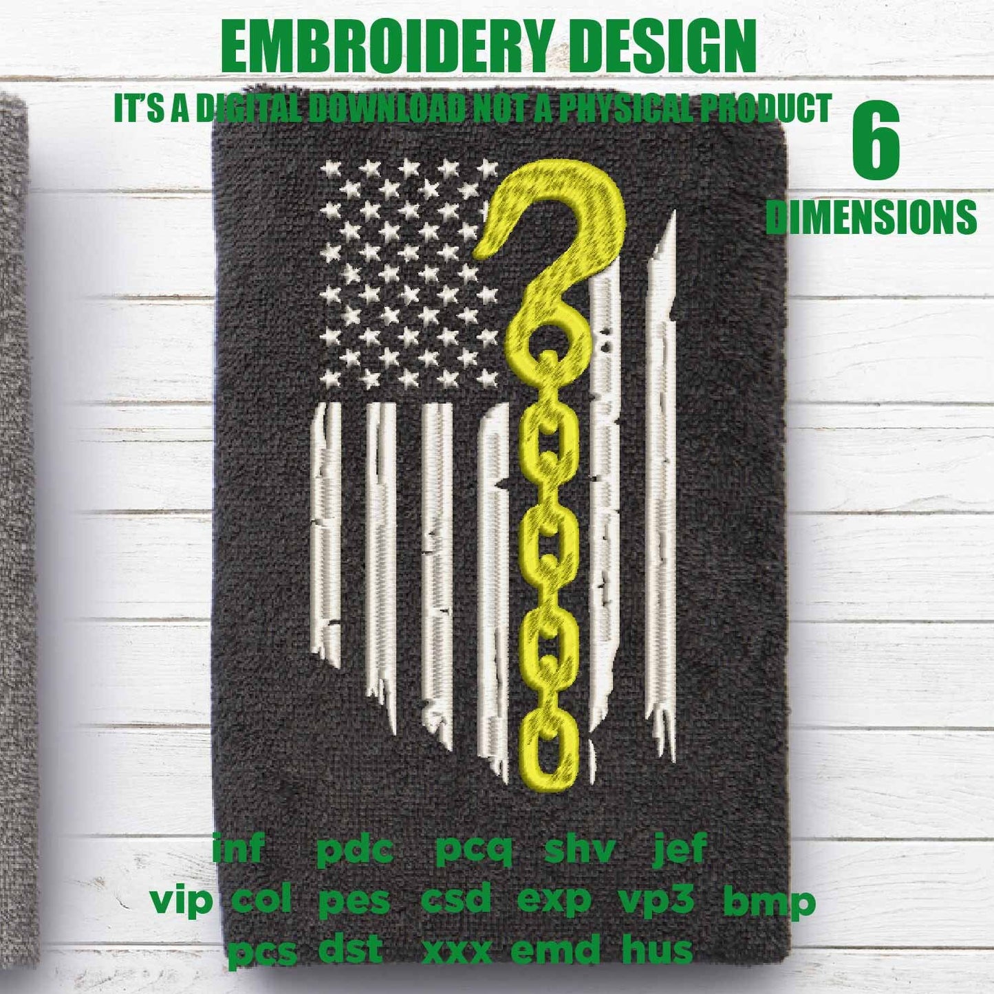 Machine Embroidery, Tow Truck, Yellow Line Distressed flag, Tow strap hook Vehicles Recovery gift idea PES, xxx, hus & more, embroidery file