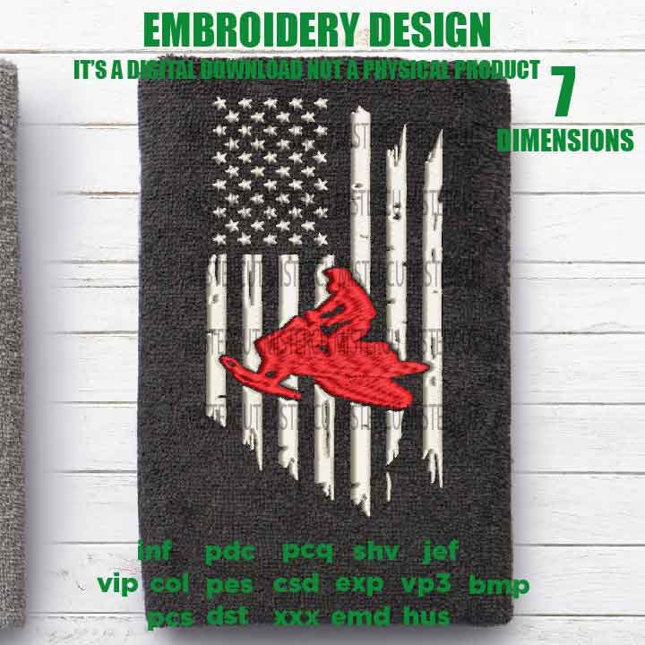 Machine Embroidery, USA flag snowmobile, snowmobile fan, snowbike Distressed gift idea PES, xxx, hus & more, embroidery files, patriotic