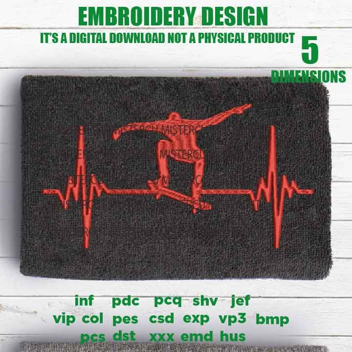 Machine Embroidery, skateboarding heartbeat embroidery files, skater Gift Idea, skier Design, PES, xxx, hus, vip & more, skate pes