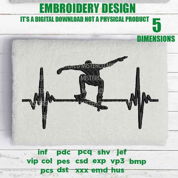 Machine Embroidery, skateboarding heartbeat embroidery files, skater Gift Idea, skier Design, PES, xxx, hus, vip & more, skate pes