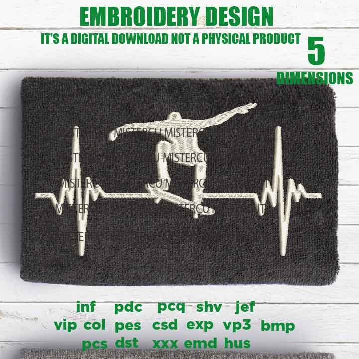 Machine Embroidery, skateboarding heartbeat embroidery files, skater Gift Idea, skier Design, PES, xxx, hus, vip & more, skate pes