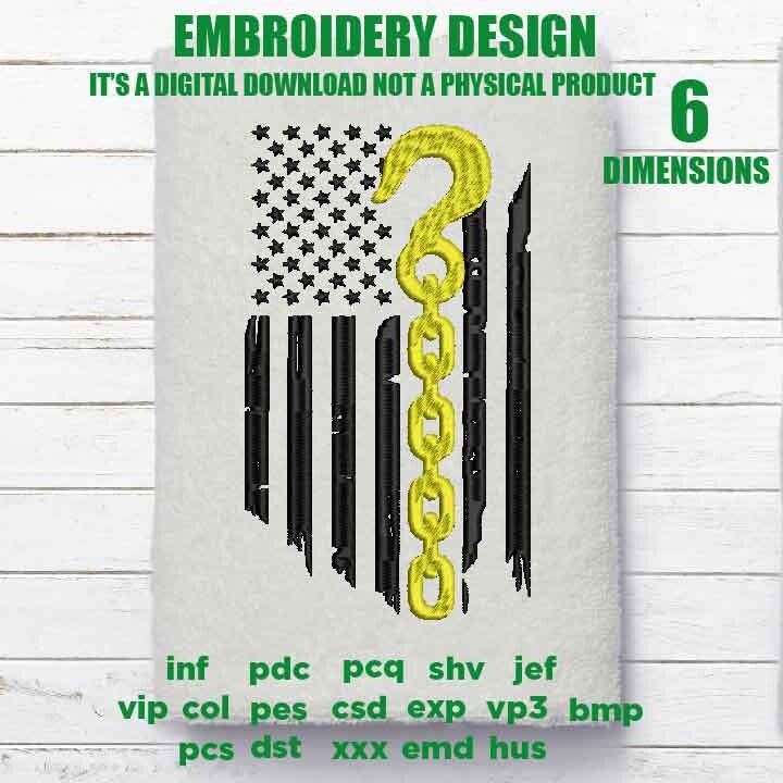 Machine Embroidery, Tow Truck, Yellow Line Distressed flag, Tow strap hook Vehicles Recovery gift idea PES, xxx, hus & more, embroidery file