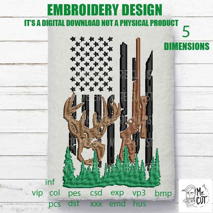 Machine Embroidery, USA flag deer gift idea PES, xxx, hus & more, hunting, hunter, gun embroidery files , husband pes