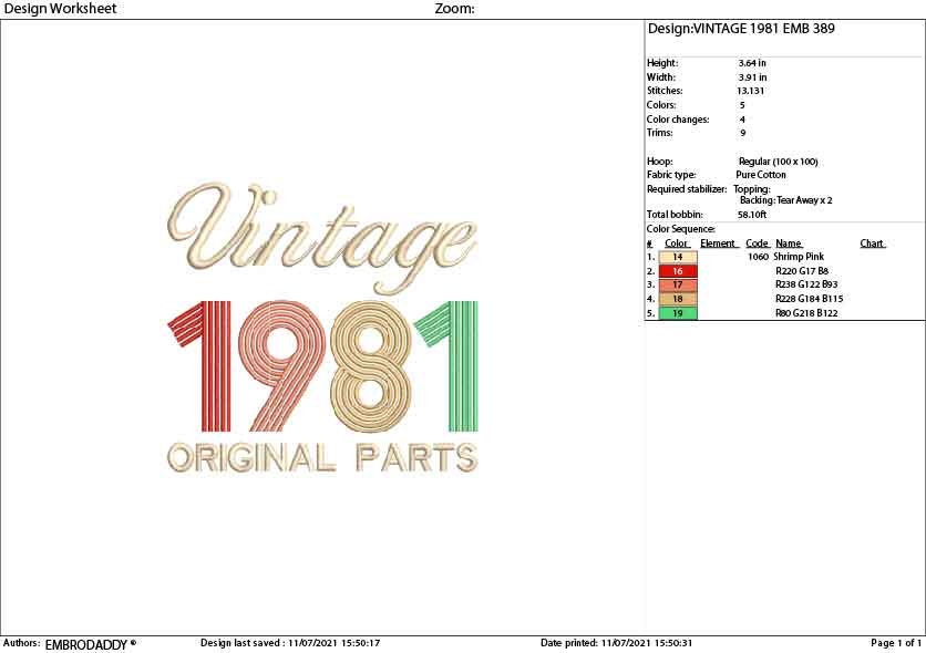 Machine Embroidery, Vintage 1981 Original parts pes, 40th Birthday, fifty birthday funny embroidery files, gift idea PES, xxx, hus & more