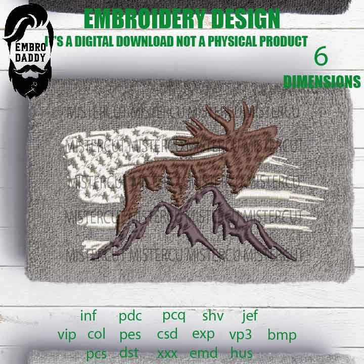 Machine Embroidery, Usa flag BUCK DEER  embroidery files, hunter Gift Idea, nature Design landscape, elk PES, xxx, hus & more,  pes