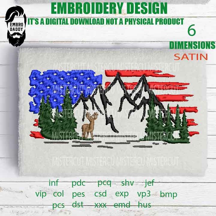 Machine Embroidery, Usa flag deer little  embroidery files, hunter Gift Idea, nature Design landscape, elk PES, xxx, hus & more,  pes