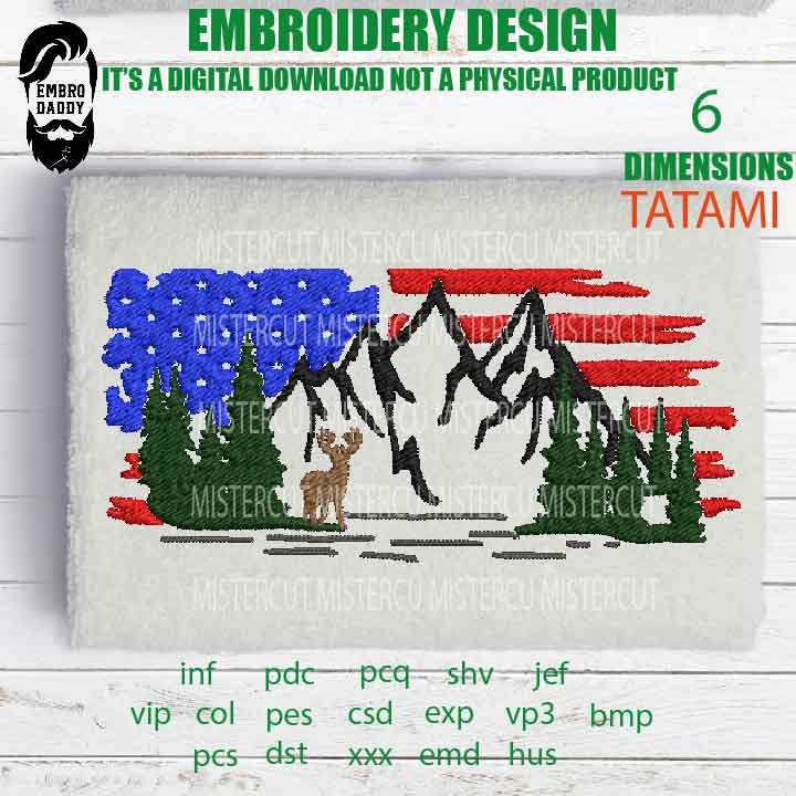 Machine Embroidery, Usa flag deer little  embroidery files, hunter Gift Idea, nature Design landscape, elk PES, xxx, hus & more,  pes