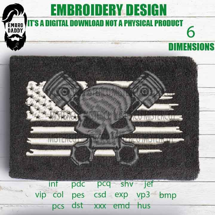 Machine Embroidery, USA FLAG skull piston, mechanic gift idea PES, xxx, hus & more, embroidery files, patriotic