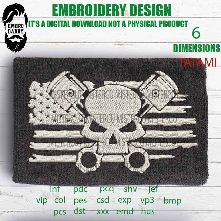 Machine Embroidery, USA FLAG skull piston, mechanic gift idea PES, xxx, hus & more, embroidery files, patriotic