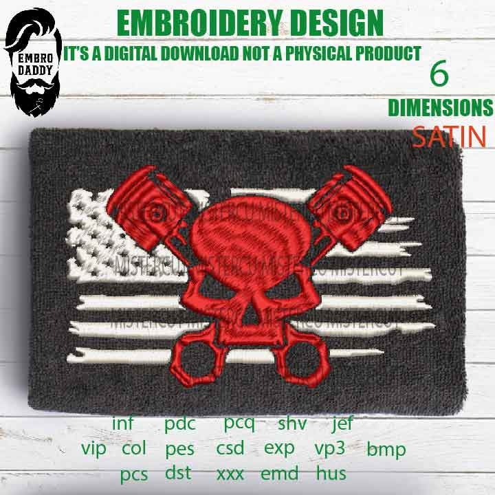 Machine Embroidery, USA FLAG skull piston, mechanic gift idea PES, xxx, hus & more, embroidery files, patriotic