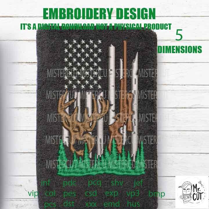 Machine Embroidery, USA flag deer gift idea PES, xxx, hus & more, hunting, hunter, gun embroidery files , husband pes