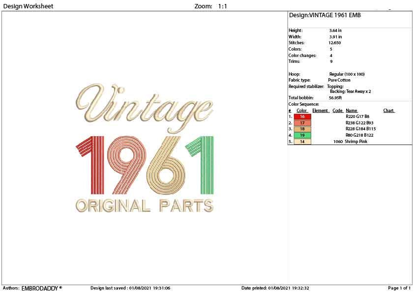 Machine Embroidery, Vintage 1961 Original parts pes, 60th Birthday, sixty birthday funny embroidery files, gift idea PES, xxx, hus & more