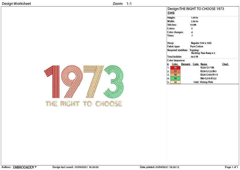 Machine Embroidery, the right to choose 1973 pes, women rights, right to abortion embroidery files, gift idea PES, xxx, hus & more