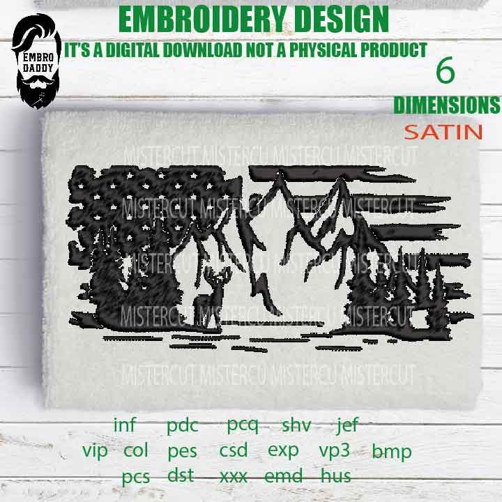 Machine Embroidery, Usa flag deer little  embroidery files, hunter Gift Idea, nature Design landscape, elk PES, xxx, hus & more,  pes