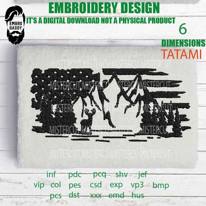 Machine Embroidery, Usa flag deer little  embroidery files, hunter Gift Idea, nature Design landscape, elk PES, xxx, hus & more,  pes