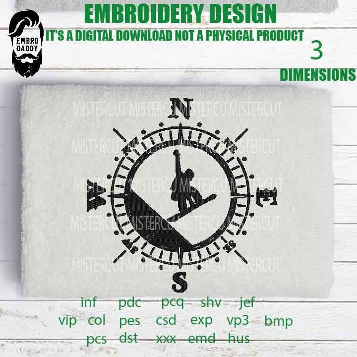 Machine Embroidery, snowboarder Compass Adventure Gift Idea, nature Design landscape, PES, xxx, hus & more, snowboard pes, mountain