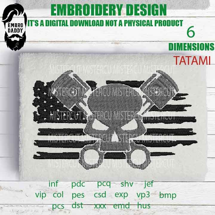 Machine Embroidery, USA FLAG skull piston, mechanic gift idea PES, xxx, hus & more, embroidery files, patriotic