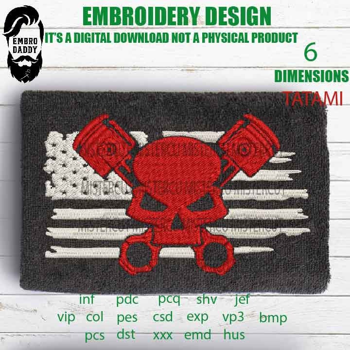 Machine Embroidery, USA FLAG skull piston, mechanic gift idea PES, xxx, hus & more, embroidery files, patriotic