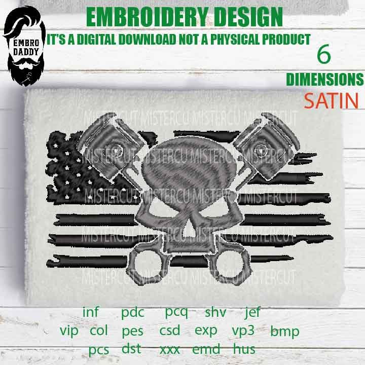 Machine Embroidery, USA FLAG skull piston, mechanic gift idea PES, xxx, hus & more, embroidery files, patriotic