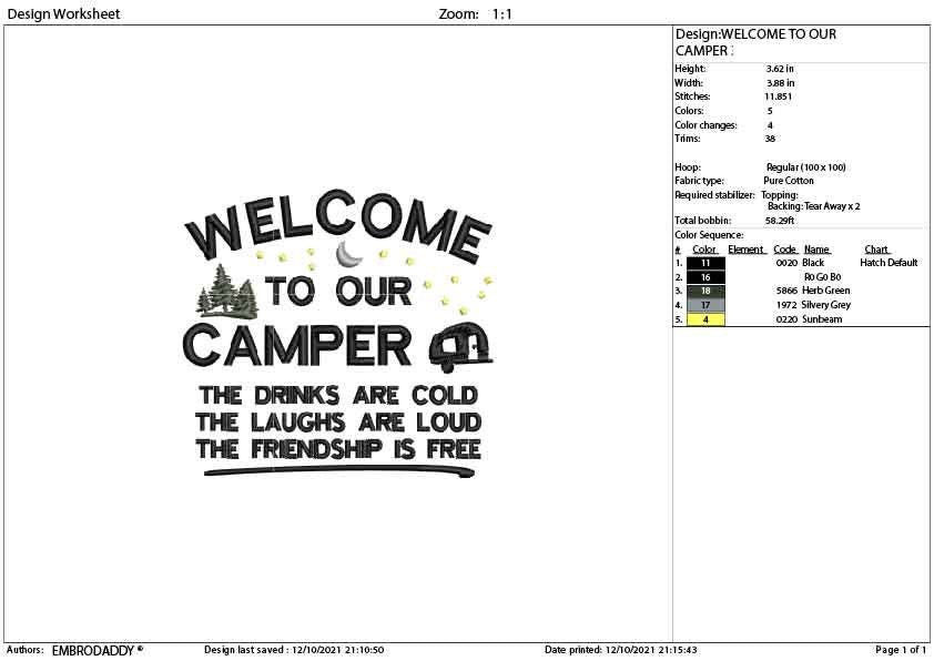 Machine Embroidery, welcome to our camp,  embroidery design, Camping Saying, camp lover gift idea PES, xxx, hus & more