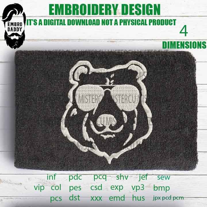 bear sunglass Machine Embroidery files,  funny gift idea PES, xxx, hus & more, embroidery files digital download