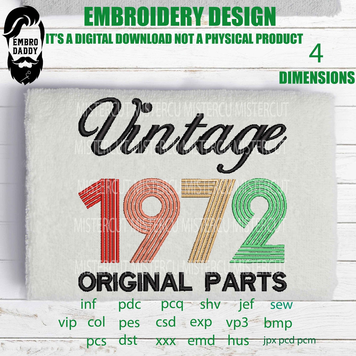 Machine Embroidery, Vintage 1972 Original parts pes, 50th Birthday, fifty birthday funny embroidery files, gift idea PES, xxx, hus & more