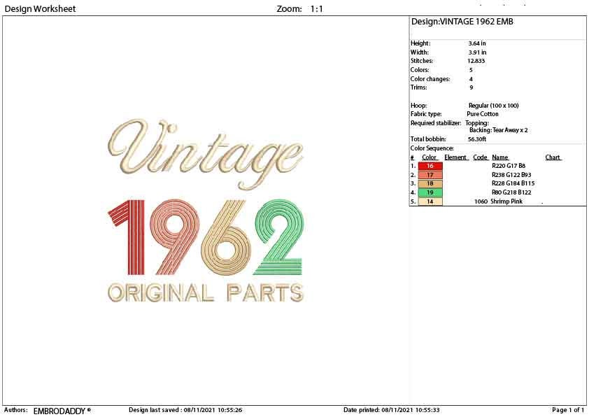 Machine Embroidery, Vintage 1962 Original parts pes, 61th Birthday, sixtyone birthday funny embroidery files, gift idea PES, xxx, hus & more