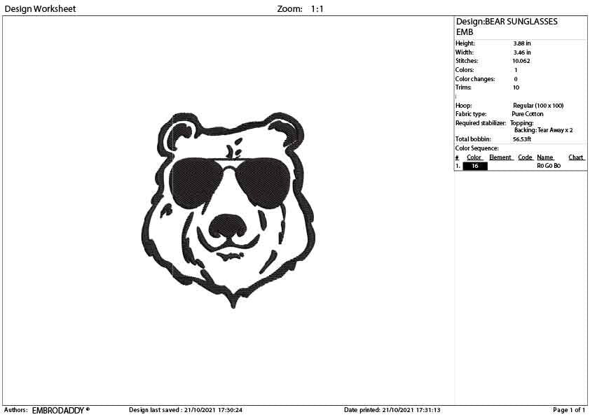 bear sunglass Machine Embroidery files,  funny gift idea PES, xxx, hus & more, embroidery files digital download