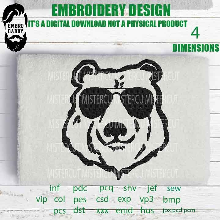 bear sunglass Machine Embroidery files,  funny gift idea PES, xxx, hus & more, embroidery files digital download