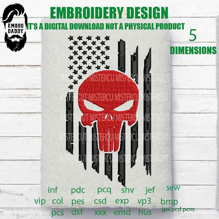 Machine Embroidery, usa flag skull , badass gift idea PES, xxx, hus & more, embroidery files, patriotic