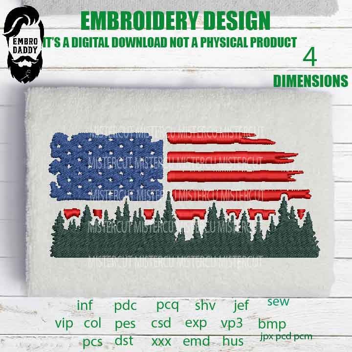 Machine Embroidery, usa flag forest embroidery files, hiker Gift Idea, nature Design landscape, PES, xxx, hus & more, outdoor pes