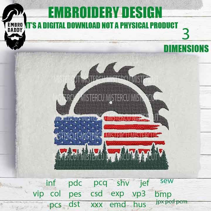 Machine Embroidery, usa flag sawblade forest PES, Funny, Husband, Wife, gift idea PES, xxx, hus & more, embroidery files, father's day