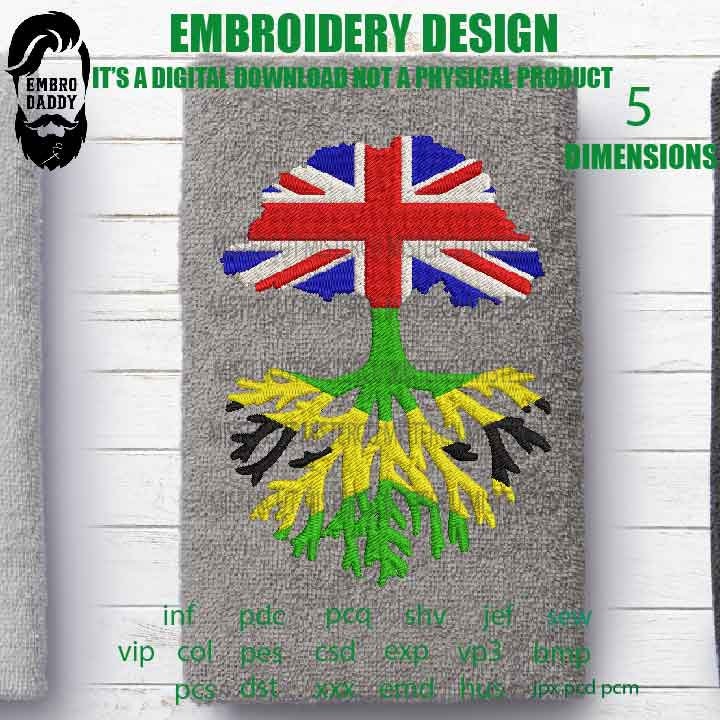 Machine Embroidery, UK Grown JAMAICA Roots Family Quote, gift idea PES, xxx, hus & more, Family reunion uk Flag Jamaican Flag