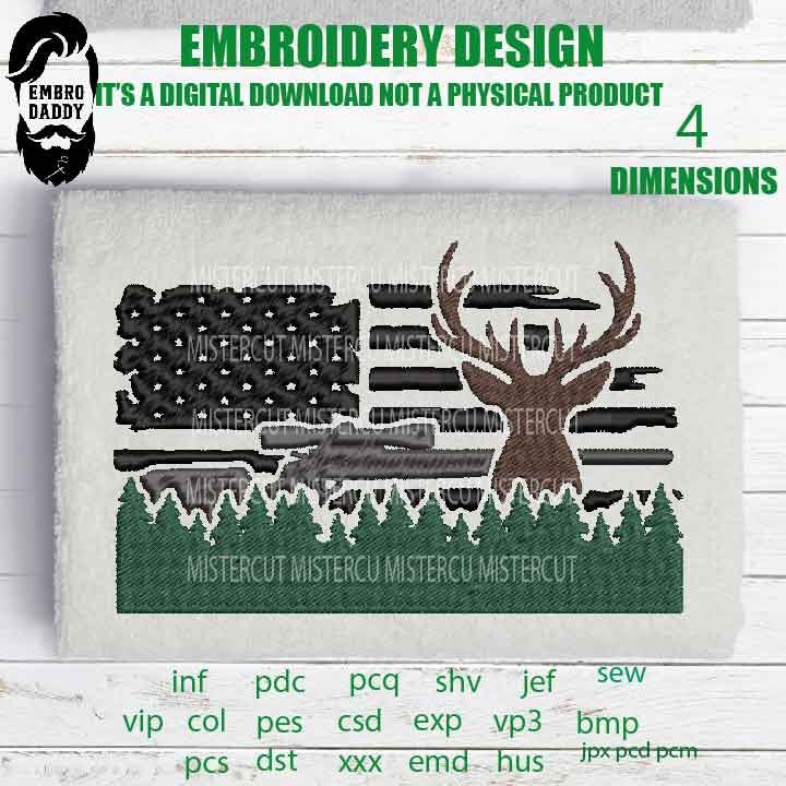 Machine Embroidery, USA flag deer gift idea PES, xxx, hus & more, hunting, hunter, gun embroidery files , husband pes