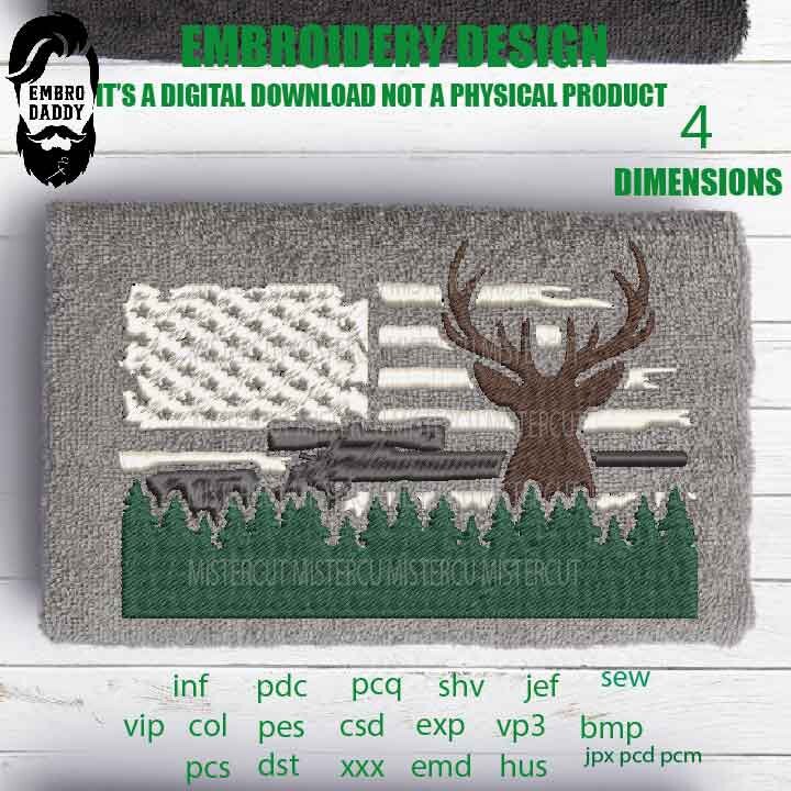 Machine Embroidery, USA flag deer gift idea PES, xxx, hus & more, hunting, hunter, gun embroidery files , husband pes