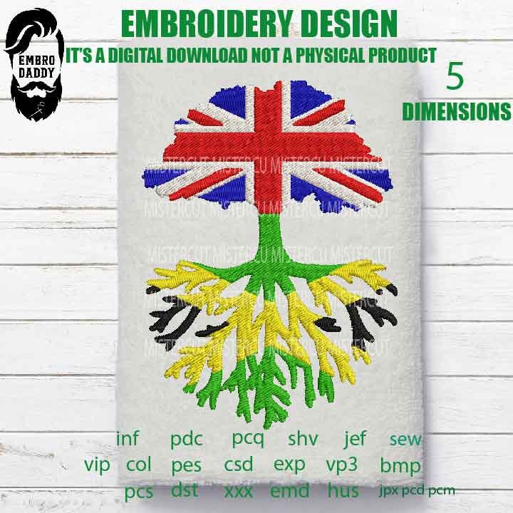 Machine Embroidery, UK Grown JAMAICA Roots Family Quote, gift idea PES, xxx, hus & more, Family reunion uk Flag Jamaican Flag