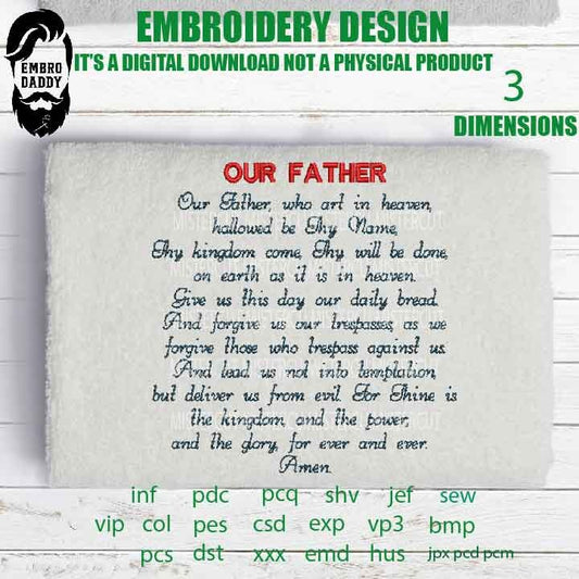 Machine Embroidery, Our Father (The Lord's Prayer), Christian embroidery files, gift idea PES, xxx, hus & more, Holy Bible, praying