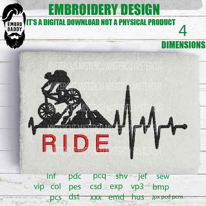 Machine Embroidery, ride heartbeat mountain bike embroidery files, bike Gift Idea, bike rider Design, PES, xxx, hus, vip & more, skate pes