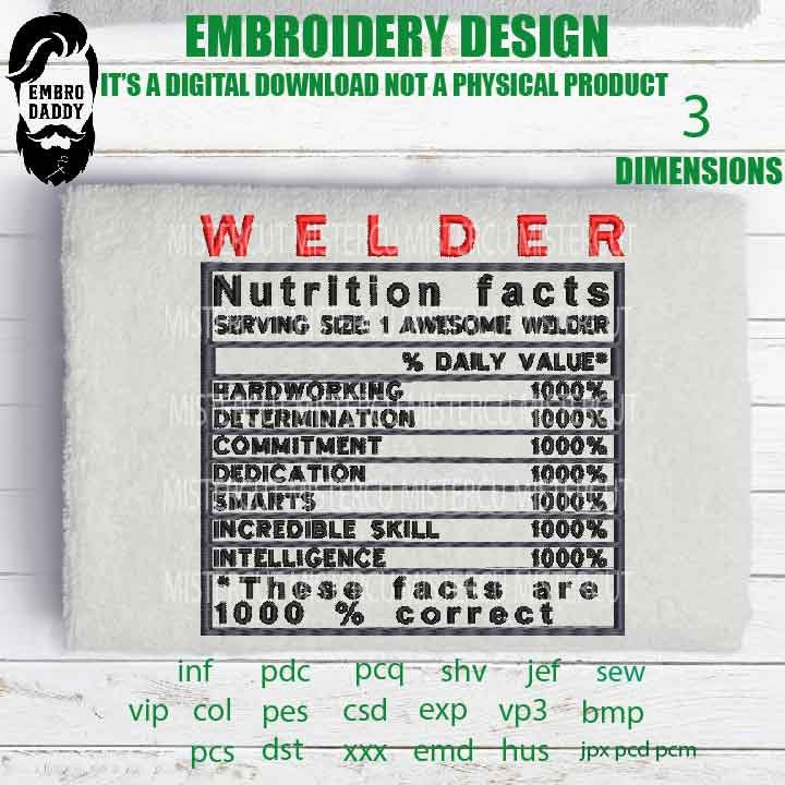 Machine Embroidery, Welder facts, appreciation gift idea PES, xxx, hus & more, embroidery files, reunion, adniversary love