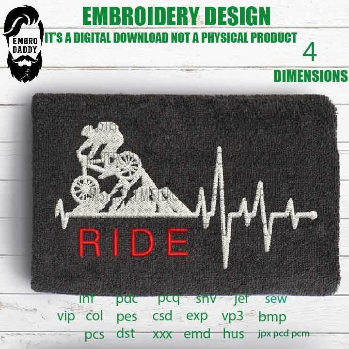 Machine Embroidery, ride heartbeat mountain bike embroidery files, bike Gift Idea, bike rider Design, PES, xxx, hus, vip & more, skate pes