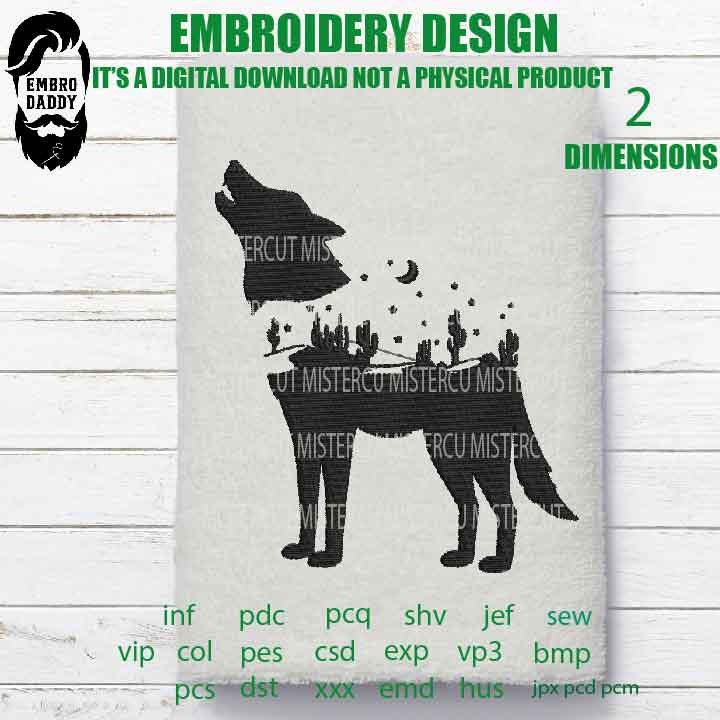 Machine Embroidery, Wolf desert landscape, love nature gift idea PES, xxx, hus & more, trip vacation embroidery file, husband gift idea emb