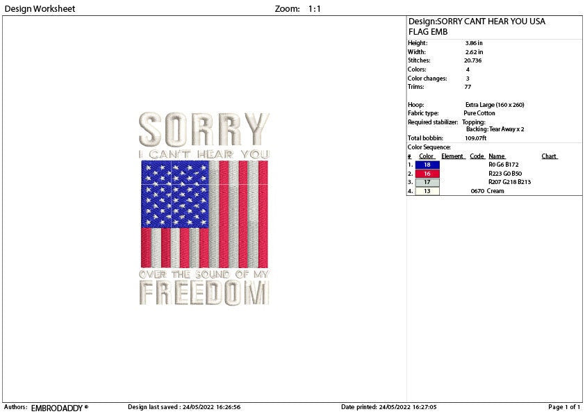 Machine Embroidery, Sorry I can't hear you over the sound of my freedom, American Flag gift idea PES, xxx hus & more, patriotic, fathers day