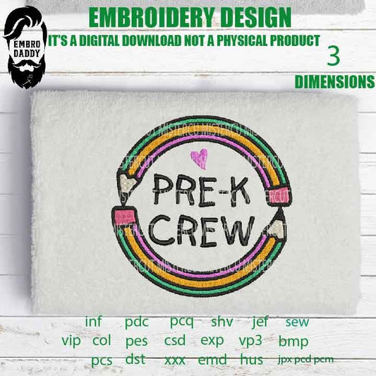 Machine Embroidery, PRE K CREW, teacher, preschool, funny embroidery files, Teacher gift idea PES, xxx, hus & more, pot holder